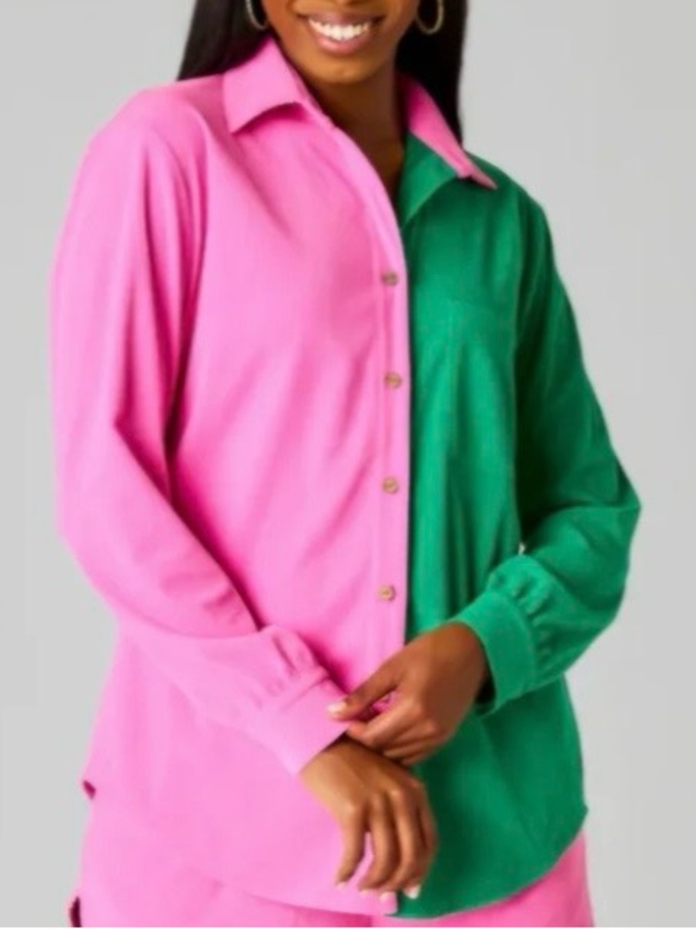 Two- Tone Pink and Green Button-Up Shirt